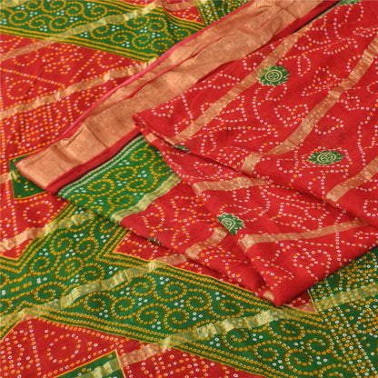 Sanskriti Vintage Sarees Red Bandhani Print Woven Pure Cotton Sari 5+yd Fabric