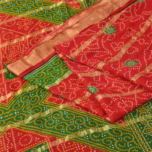 Sanskriti Vintage Sarees Red Bandhani Print Woven Pure Cotton Sari 5+yd Fabric