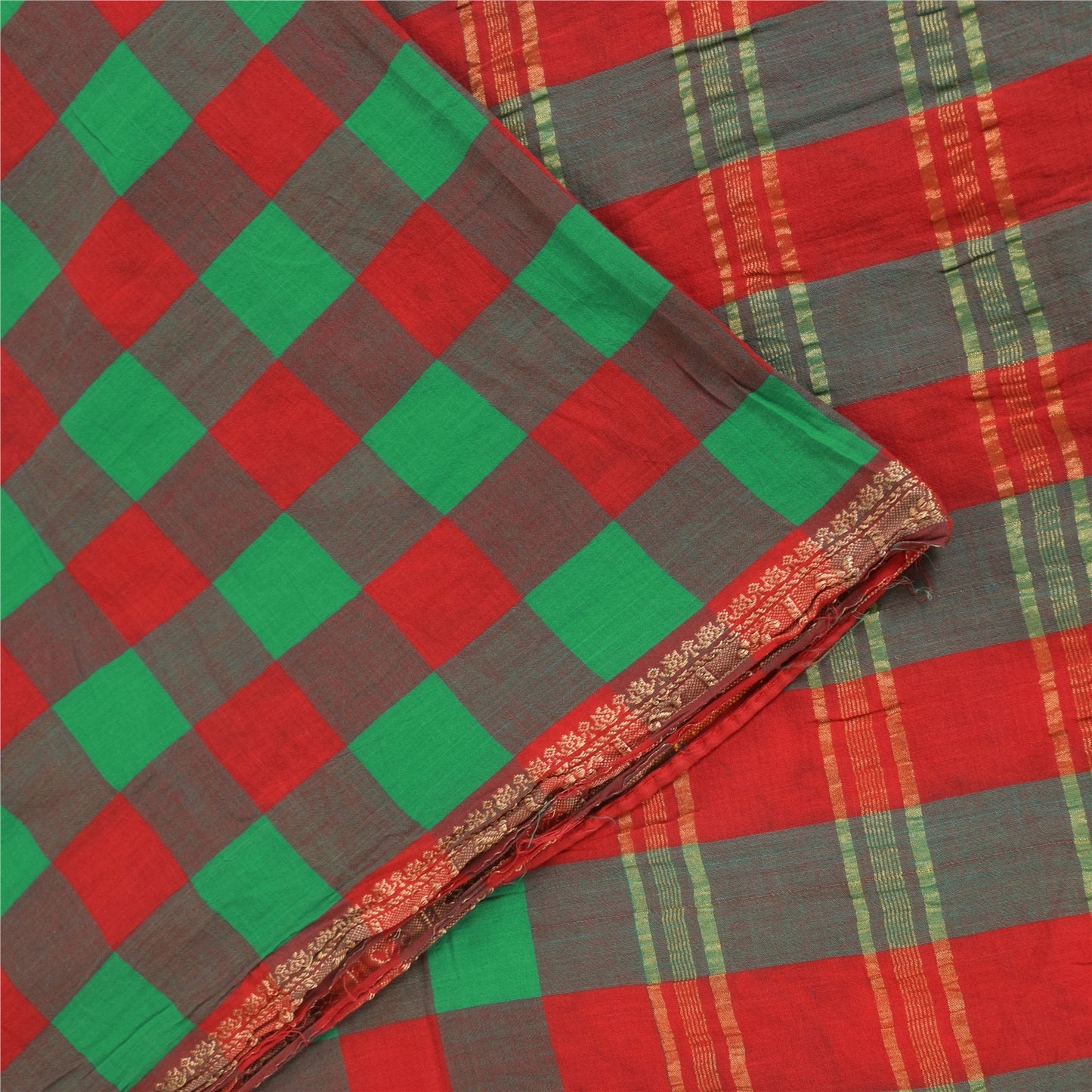 Sanskriti Vintage Sarees Red/Green Chettinad Woven Pure Cotton Sari 5+yd Fabric