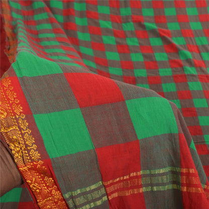 Sanskriti Vintage Sarees Red/Green Chettinad Woven Pure Cotton Sari 5+yd Fabric