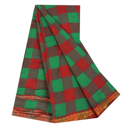 Sanskriti Vintage Sarees Red/Green Chettinad Woven Pure Cotton Sari 5+yd Fabric