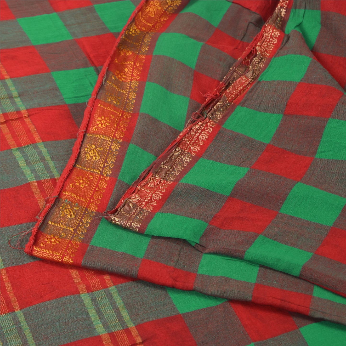 Sanskriti Vintage Sarees Red/Green Chettinad Woven Pure Cotton Sari 5+yd Fabric