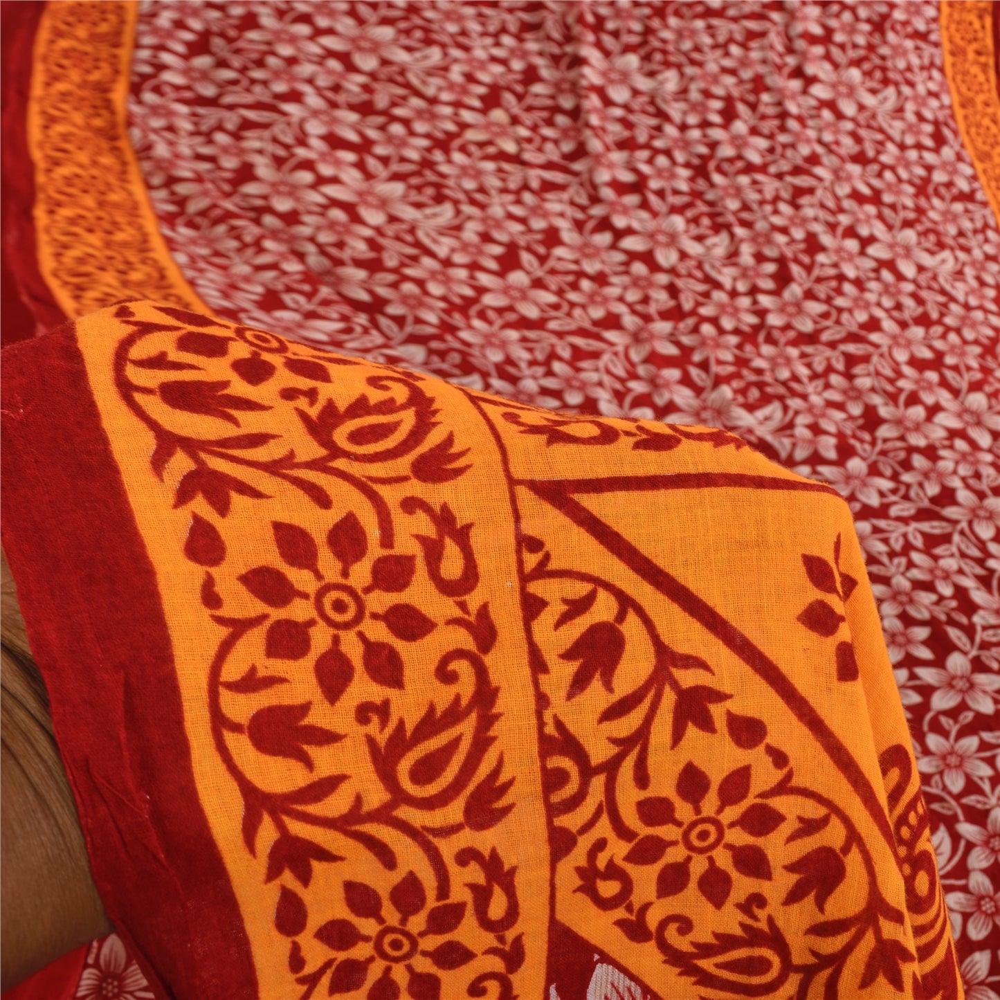 Sanskriti Vintage Sarees Indian Red Pure Cotton Printed Sari 5+yd Craft Fabric