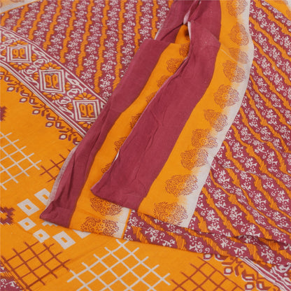 Sanskriti Vintage Sarees Red/Yellow Pure Cotton Printed Sari 5+yd Craft Fabri