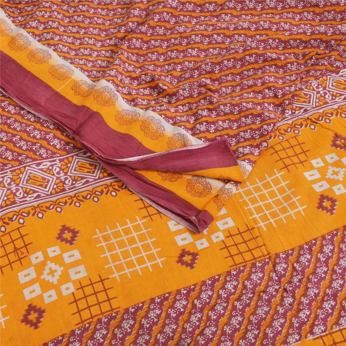 Sanskriti Vintage Sarees Red/Yellow Pure Cotton Printed Sari 5+yd Craft Fabri