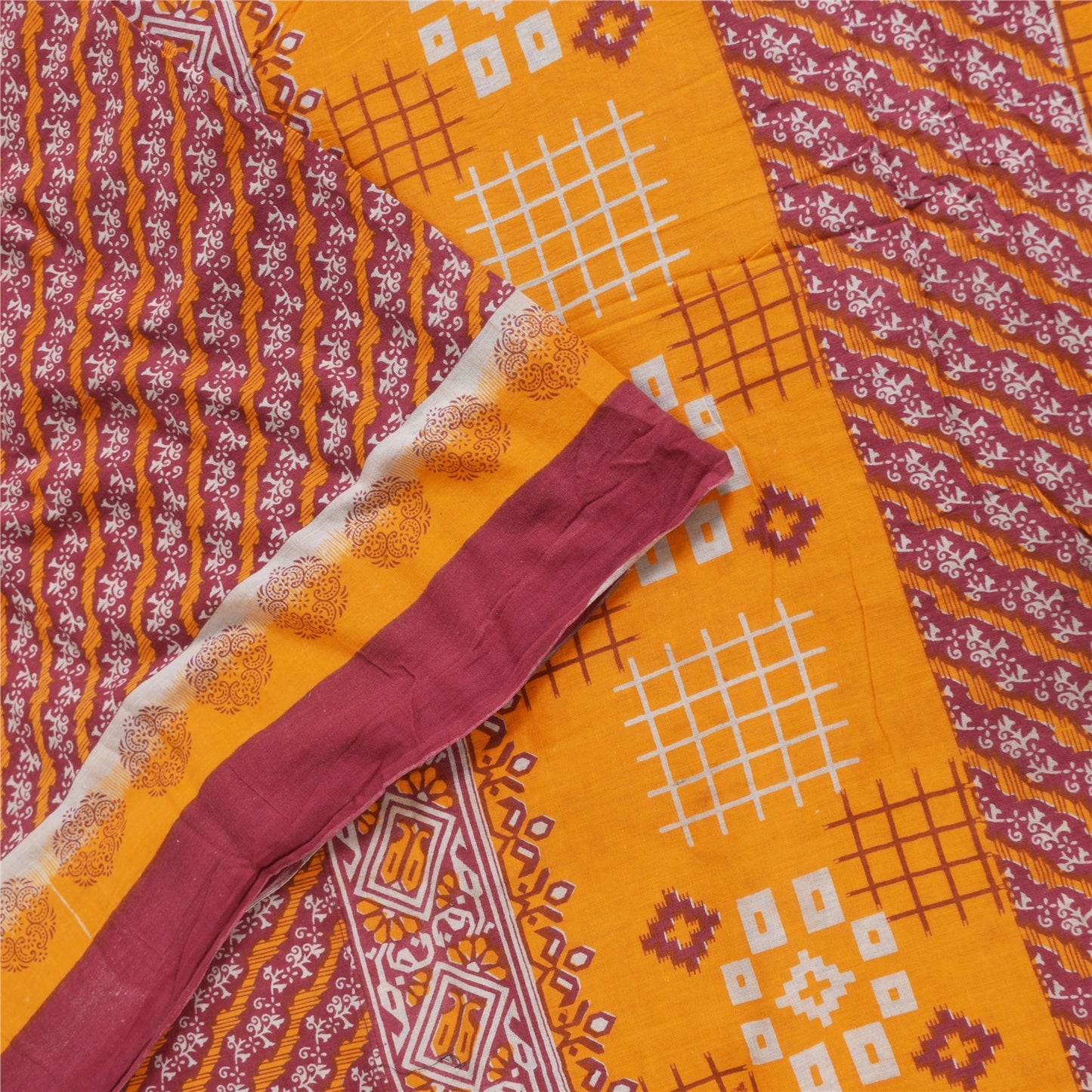 Sanskriti Vintage Sarees Red/Yellow Pure Cotton Printed Sari 5+yd Craft Fabri