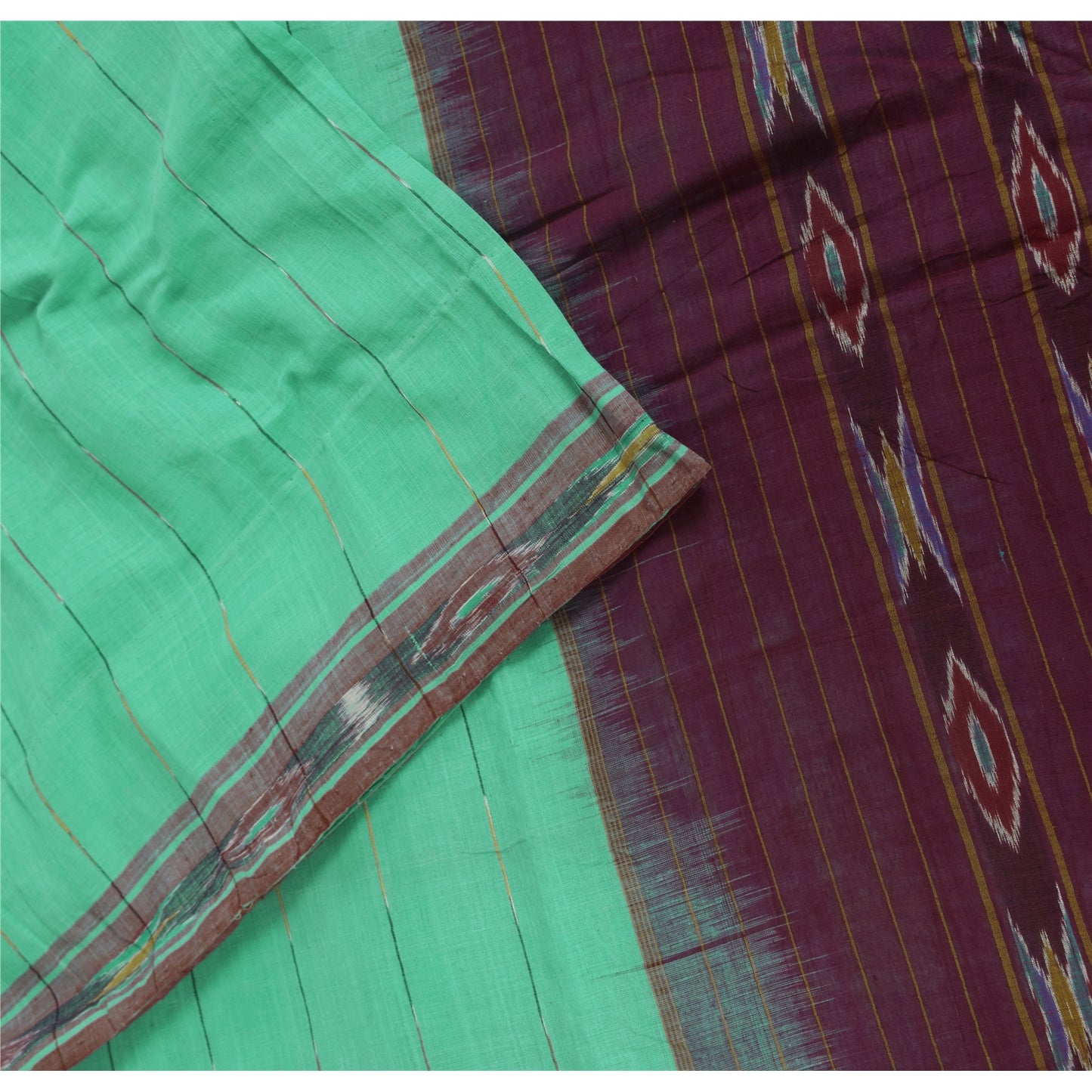 Sanskriti Vintage Sarees Sea-Green Ikat Handwoven Pure Cotton Sari 5+yd Fabric