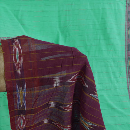 Sanskriti Vintage Sarees Sea-Green Ikat Handwoven Pure Cotton Sari 5+yd Fabric