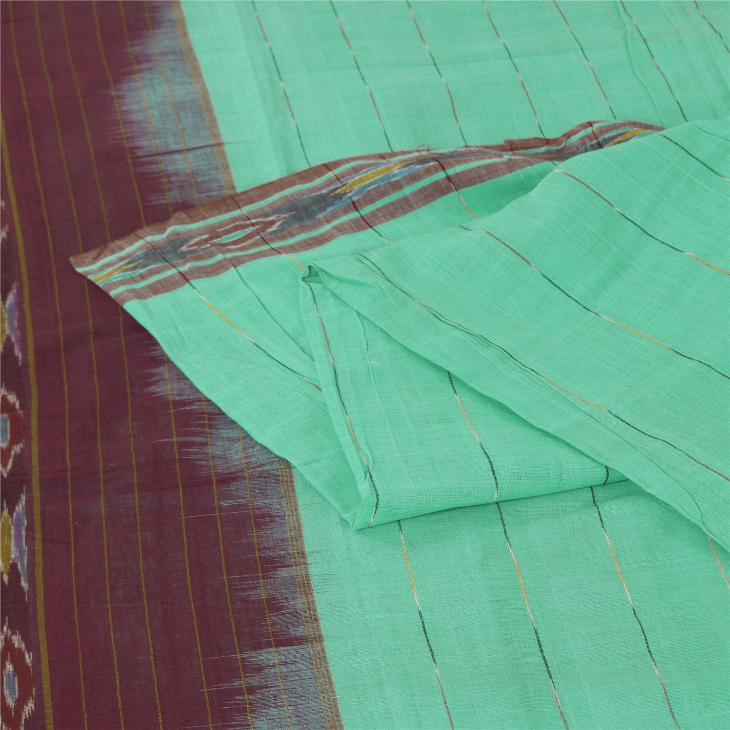 Sanskriti Vintage Sarees Sea-Green Ikat Handwoven Pure Cotton Sari 5+yd Fabric