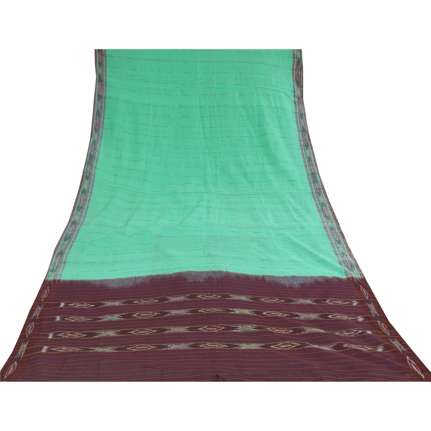 Sanskriti Vintage Sarees Sea-Green Ikat Handwoven Pure Cotton Sari 5+yd Fabric