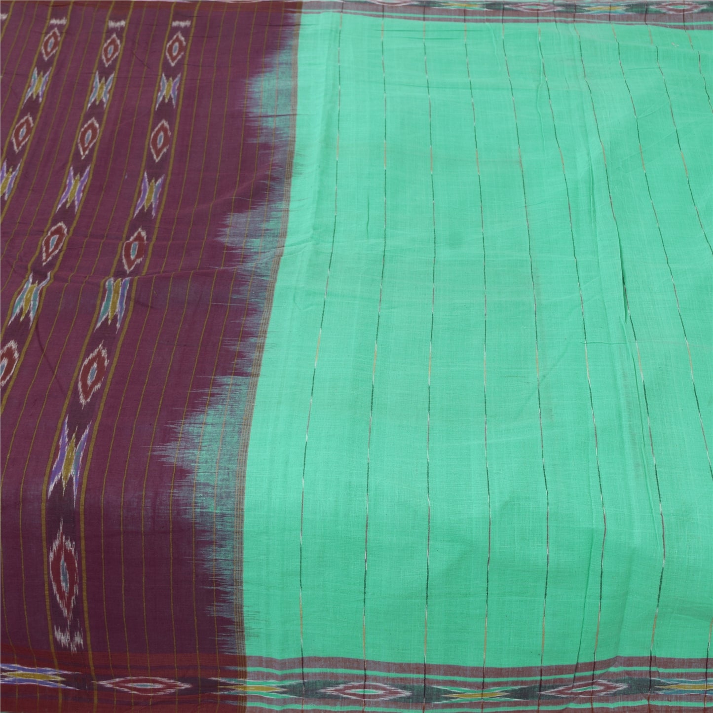 Sanskriti Vintage Sarees Sea-Green Ikat Handwoven Pure Cotton Sari 5+yd Fabric