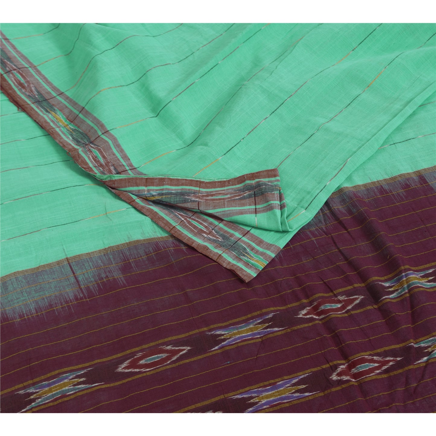 Sanskriti Vintage Sarees Sea-Green Ikat Handwoven Pure Cotton Sari 5+yd Fabric