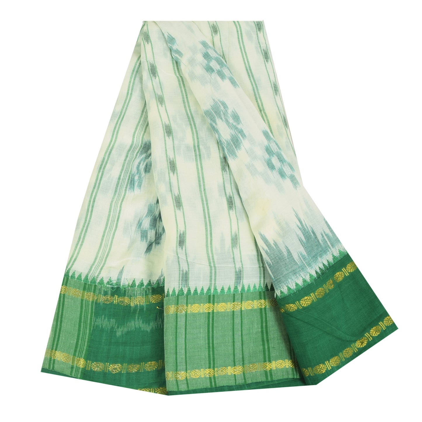 Sanskriti Vintage Sarees Ivory/Green Ikat Handwoven Pure Cotton Sari 5+yd Fabric