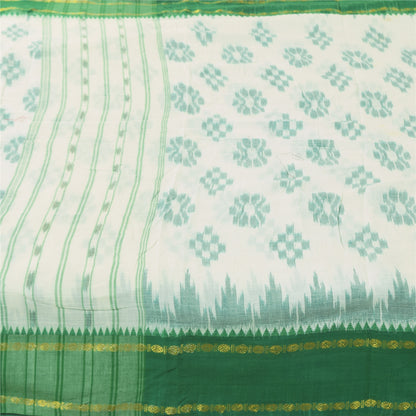 Sanskriti Vintage Sarees Ivory/Green Ikat Handwoven Pure Cotton Sari 5+yd Fabric