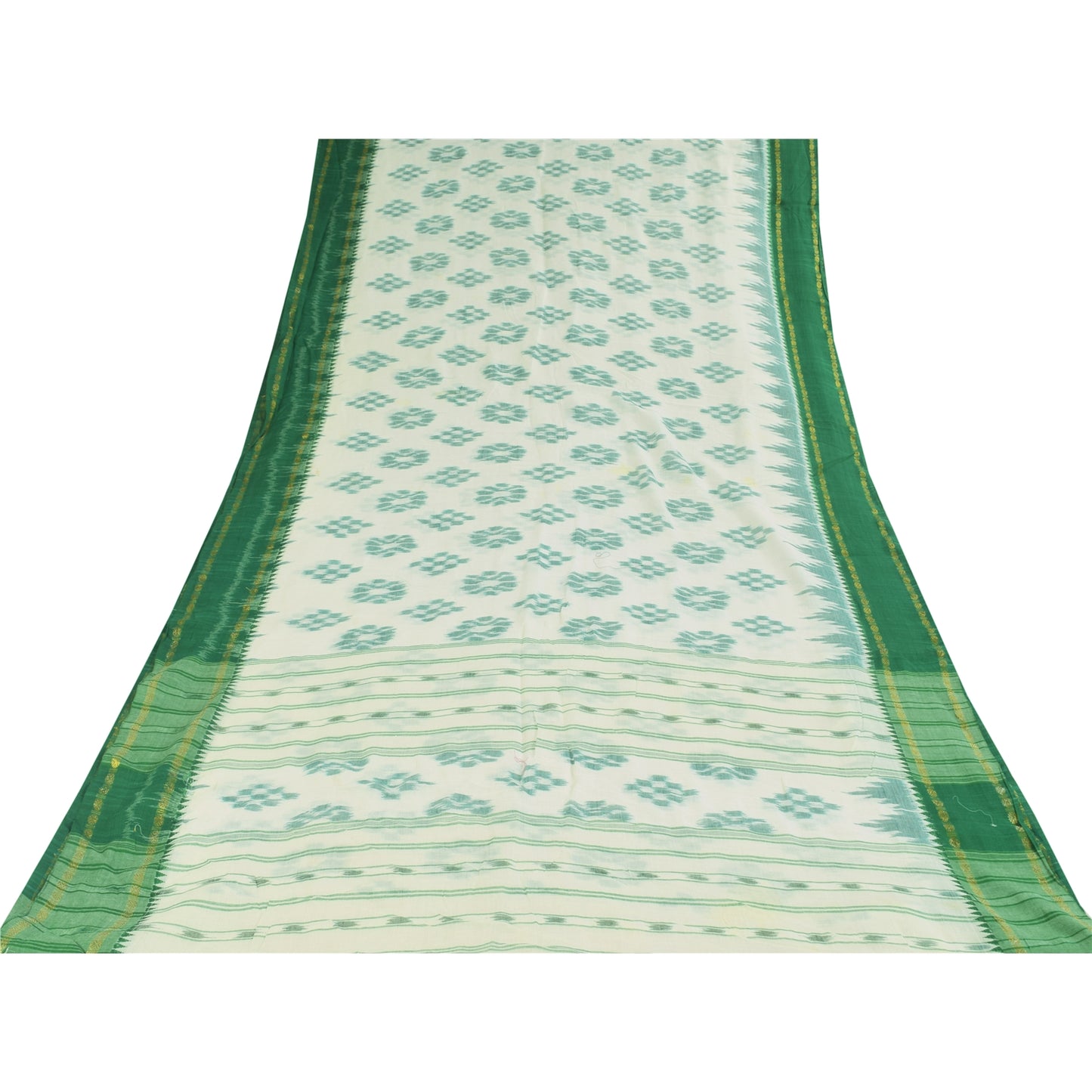 Sanskriti Vintage Sarees Ivory/Green Ikat Handwoven Pure Cotton Sari 5+yd Fabric