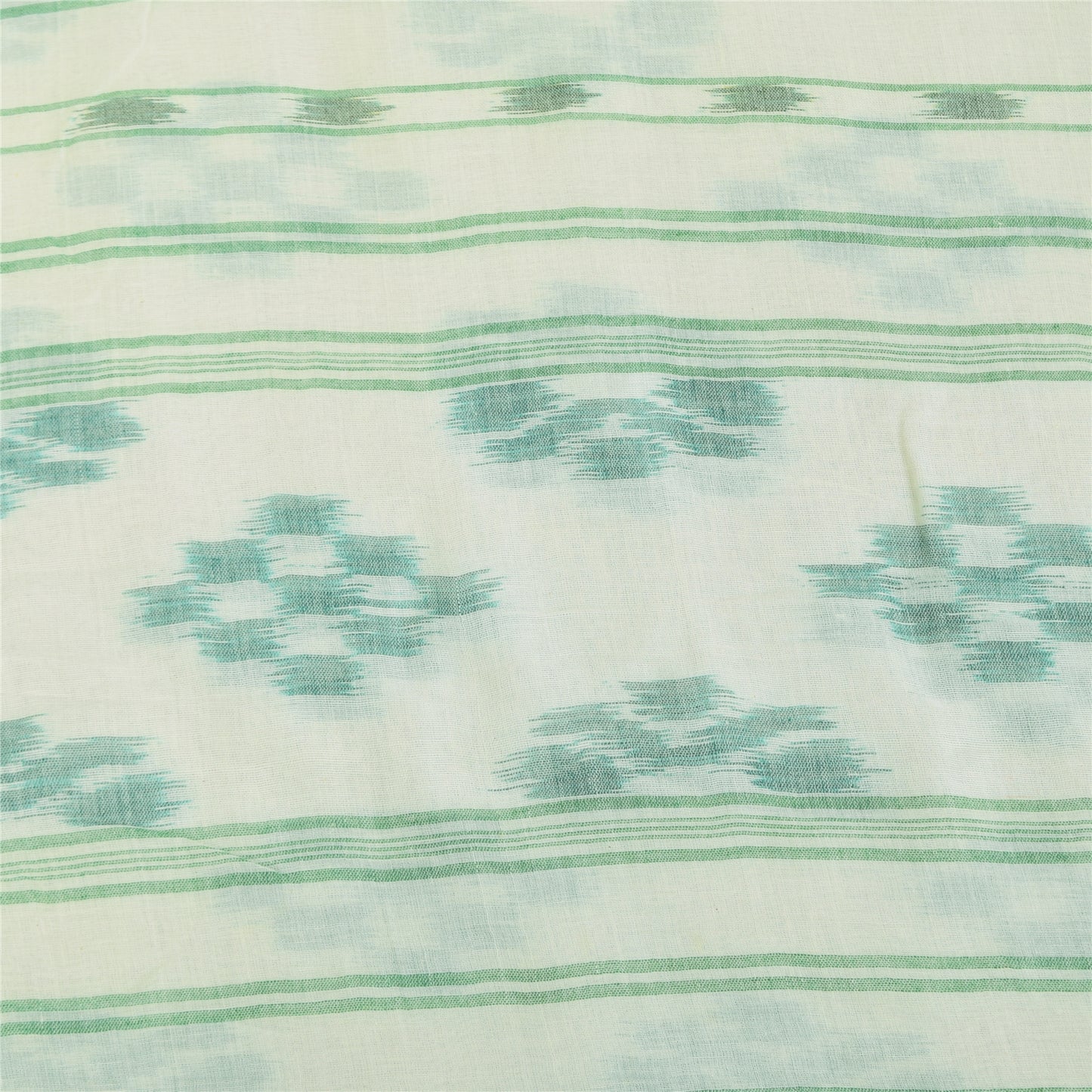 Sanskriti Vintage Sarees Ivory/Green Ikat Handwoven Pure Cotton Sari 5+yd Fabric