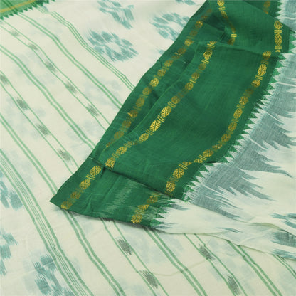 Sanskriti Vintage Sarees Ivory/Green Ikat Handwoven Pure Cotton Sari 5+yd Fabric