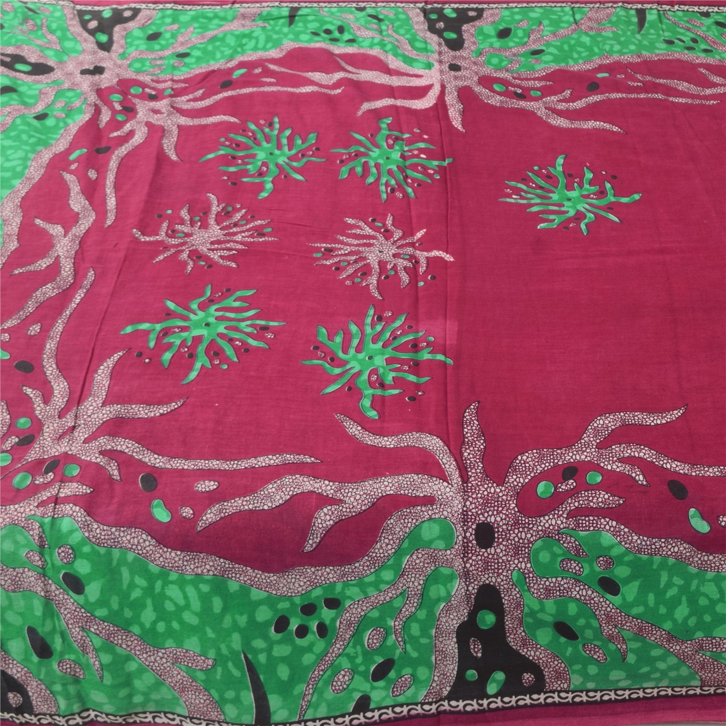 Sanskriti Vintage Sarees Red/Green Pure Cotton Printed Sari 5+yd Craft Fabric