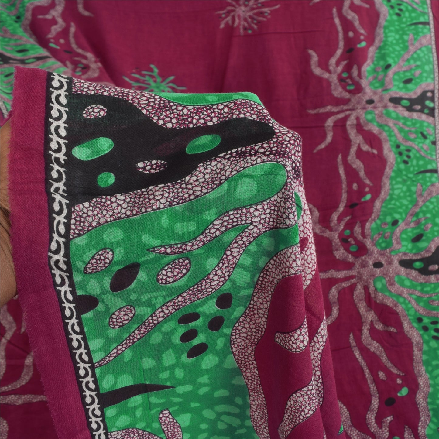 Sanskriti Vintage Sarees Red/Green Pure Cotton Printed Sari 5+yd Craft Fabric