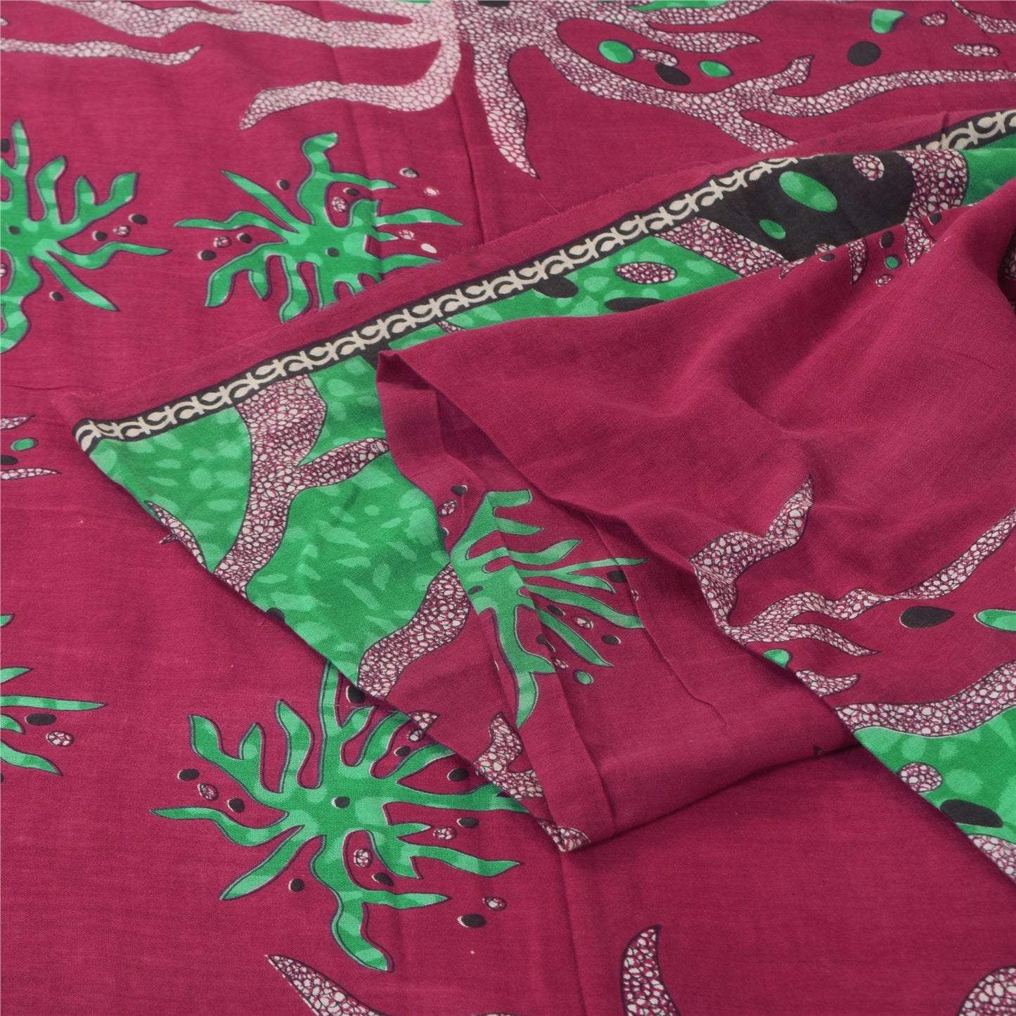 Sanskriti Vintage Sarees Red/Green Pure Cotton Printed Sari 5+yd Craft Fabric