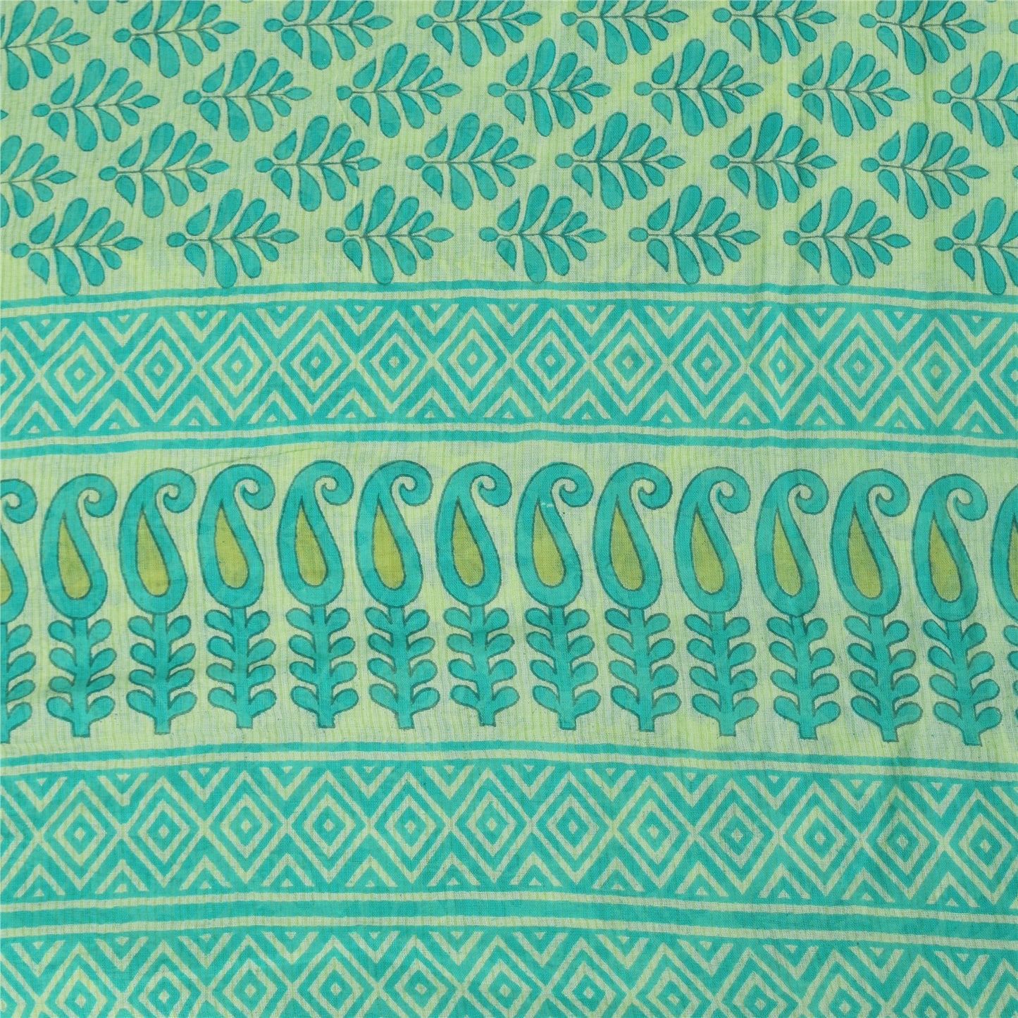 Sanskriti Vintage Sarees Sea-Green/Ivory Pure Cotton Printed Sari 5+yd Fabric