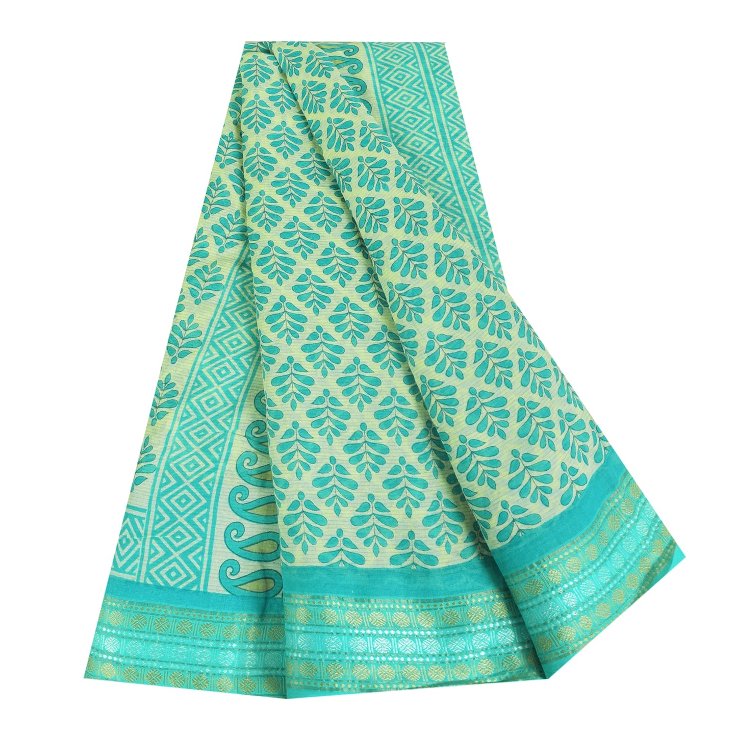 Sanskriti Vintage Sarees Sea-Green/Ivory Pure Cotton Printed Sari 5+yd Fabric