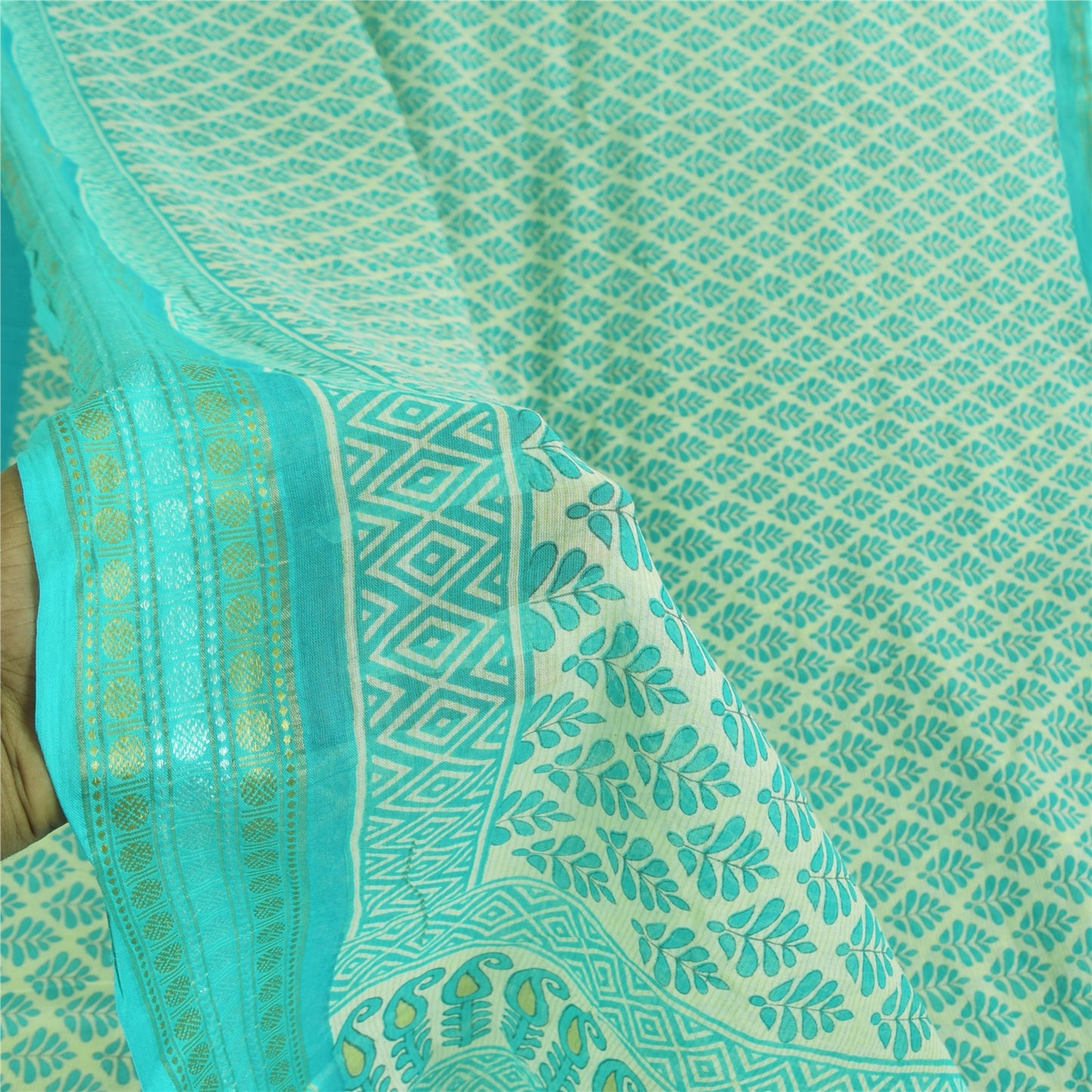 Sanskriti Vintage Sarees Sea-Green/Ivory Pure Cotton Printed Sari 5+yd Fabric