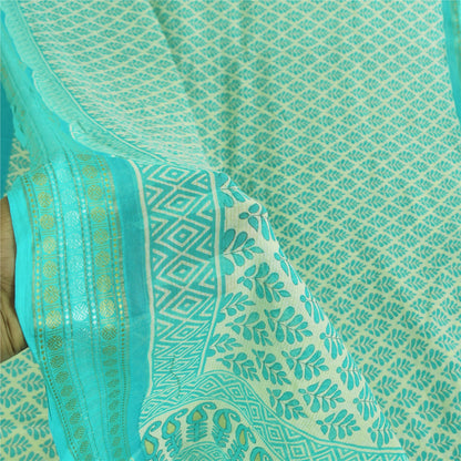 Sanskriti Vintage Sarees Sea-Green/Ivory Pure Cotton Printed Sari 5+yd Fabric