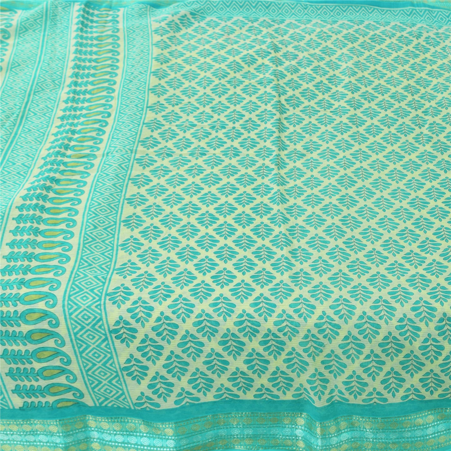 Sanskriti Vintage Sarees Sea-Green/Ivory Pure Cotton Printed Sari 5+yd Fabric