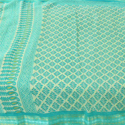 Sanskriti Vintage Sarees Sea-Green/Ivory Pure Cotton Printed Sari 5+yd Fabric