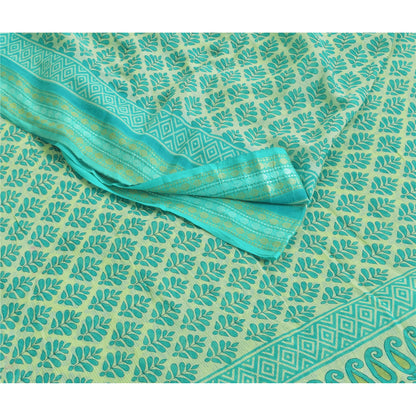 Sanskriti Vintage Sarees Sea-Green/Ivory Pure Cotton Printed Sari 5+yd Fabric