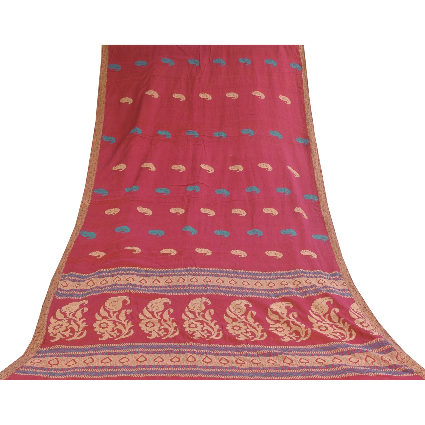 Sanskriti Vintage Sarees Pink Hand Woven Pure Cotton Sari 5+yd Craft Fabric