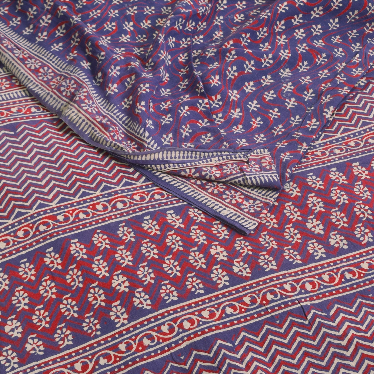 Sanskriti Vintage Sarees Pure Cotton Hand Block Printed Sari 5+yd Craft Fabric