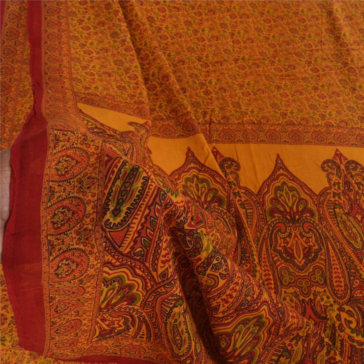 Sanskriti Vintage Sarees Yellow 100% Pure Cotton Printed Sari 5+yd Craft Fabric