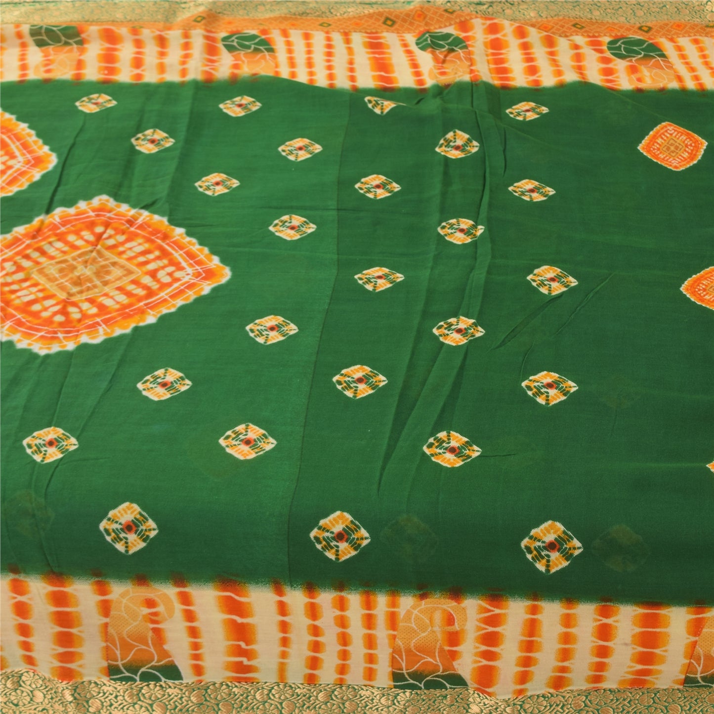 Sanskriti Vintage Sarees Green Bandhani Pure Cotton Printed Sari Craft Fabric