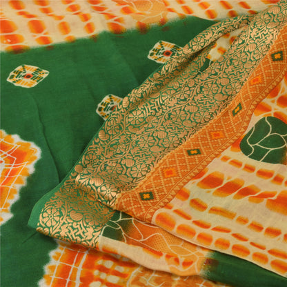 Sanskriti Vintage Sarees Green Bandhani Pure Cotton Printed Sari Craft Fabric