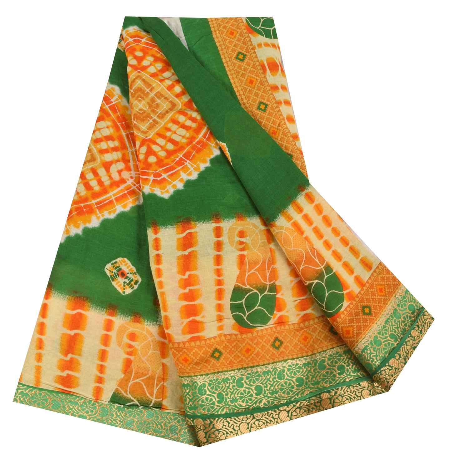 Sanskriti Vintage Sarees Green Bandhani Pure Cotton Printed Sari Craft Fabric