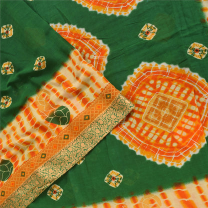 Sanskriti Vintage Sarees Green Bandhani Pure Cotton Printed Sari Craft Fabric