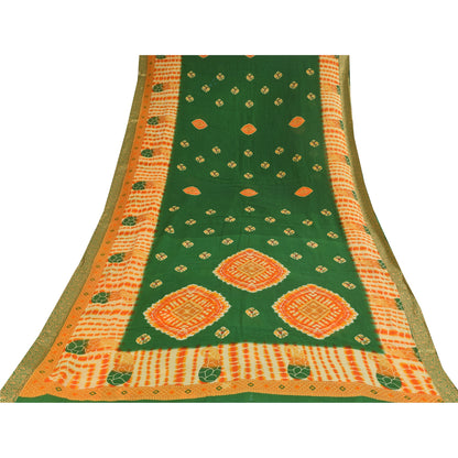 Sanskriti Vintage Sarees Green Bandhani Pure Cotton Printed Sari Craft Fabric