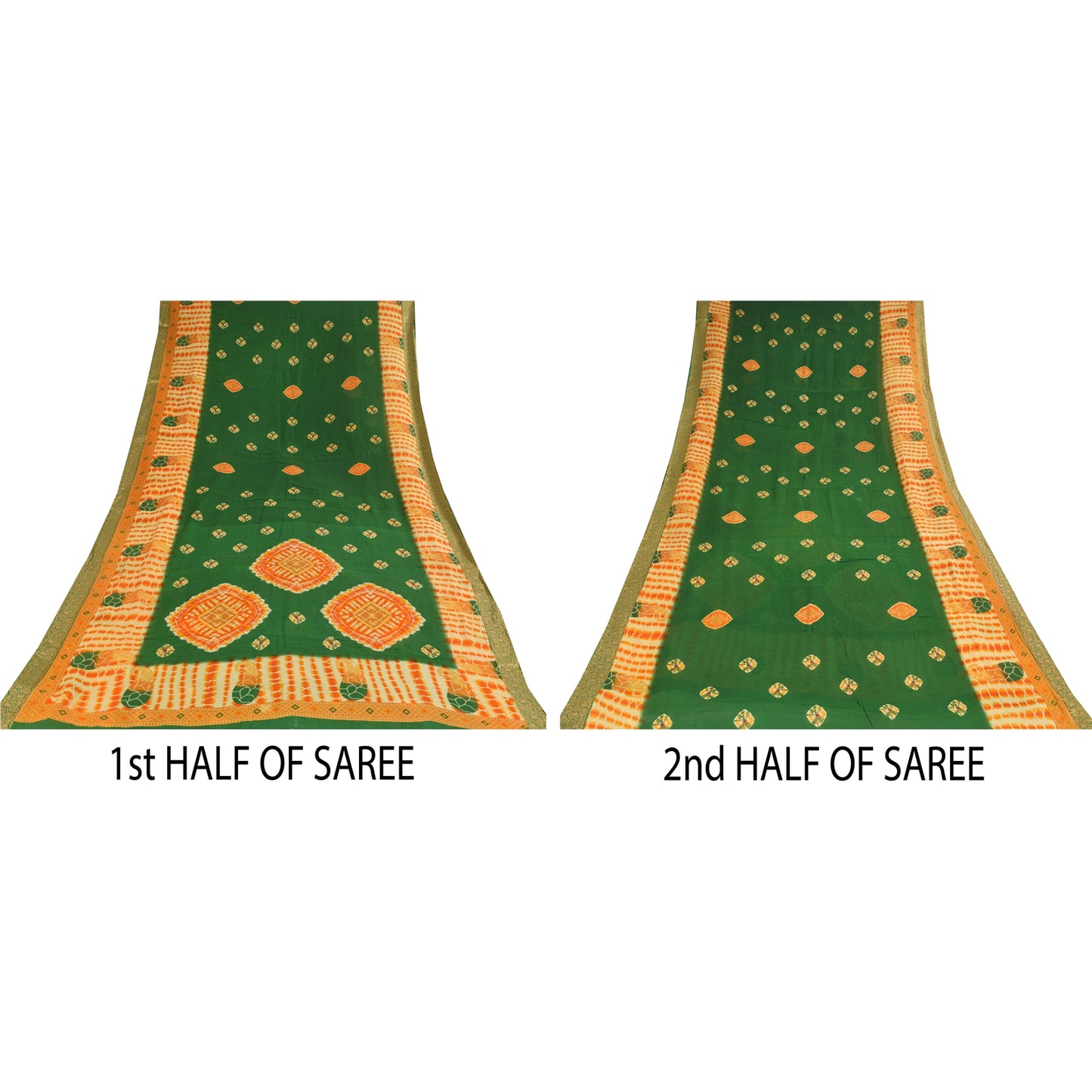 Sanskriti Vintage Sarees Green Bandhani Pure Cotton Printed Sari Craft Fabric