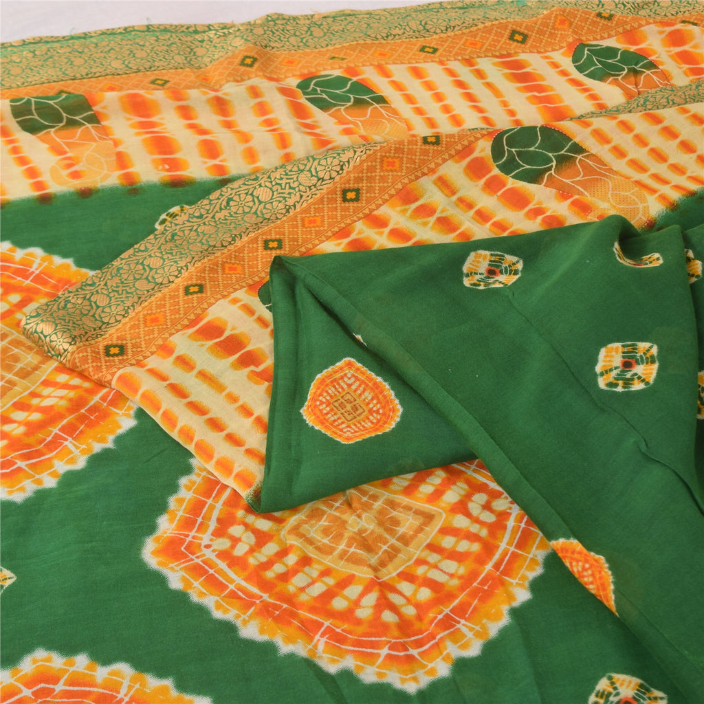 Sanskriti Vintage Sarees Green Bandhani Pure Cotton Printed Sari Craft Fabric