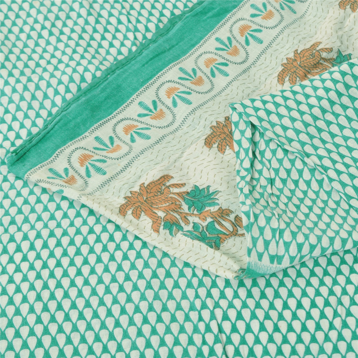 Sanskriti Vintage Sarees Ivory/Sea-Green Pure Cotton Printed Sari 5+yd Fabric