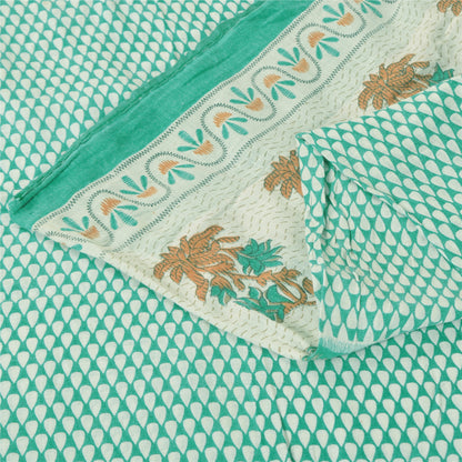 Sanskriti Vintage Sarees Ivory/Sea-Green Pure Cotton Printed Sari 5+yd Fabric