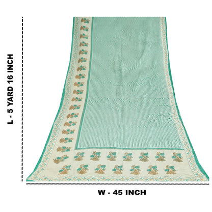 Sanskriti Vintage Sarees Ivory/Sea-Green Pure Cotton Printed Sari 5+yd Fabric