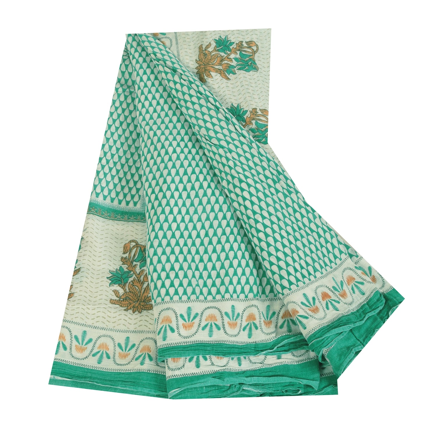 Sanskriti Vintage Sarees Ivory/Sea-Green Pure Cotton Printed Sari 5+yd Fabric