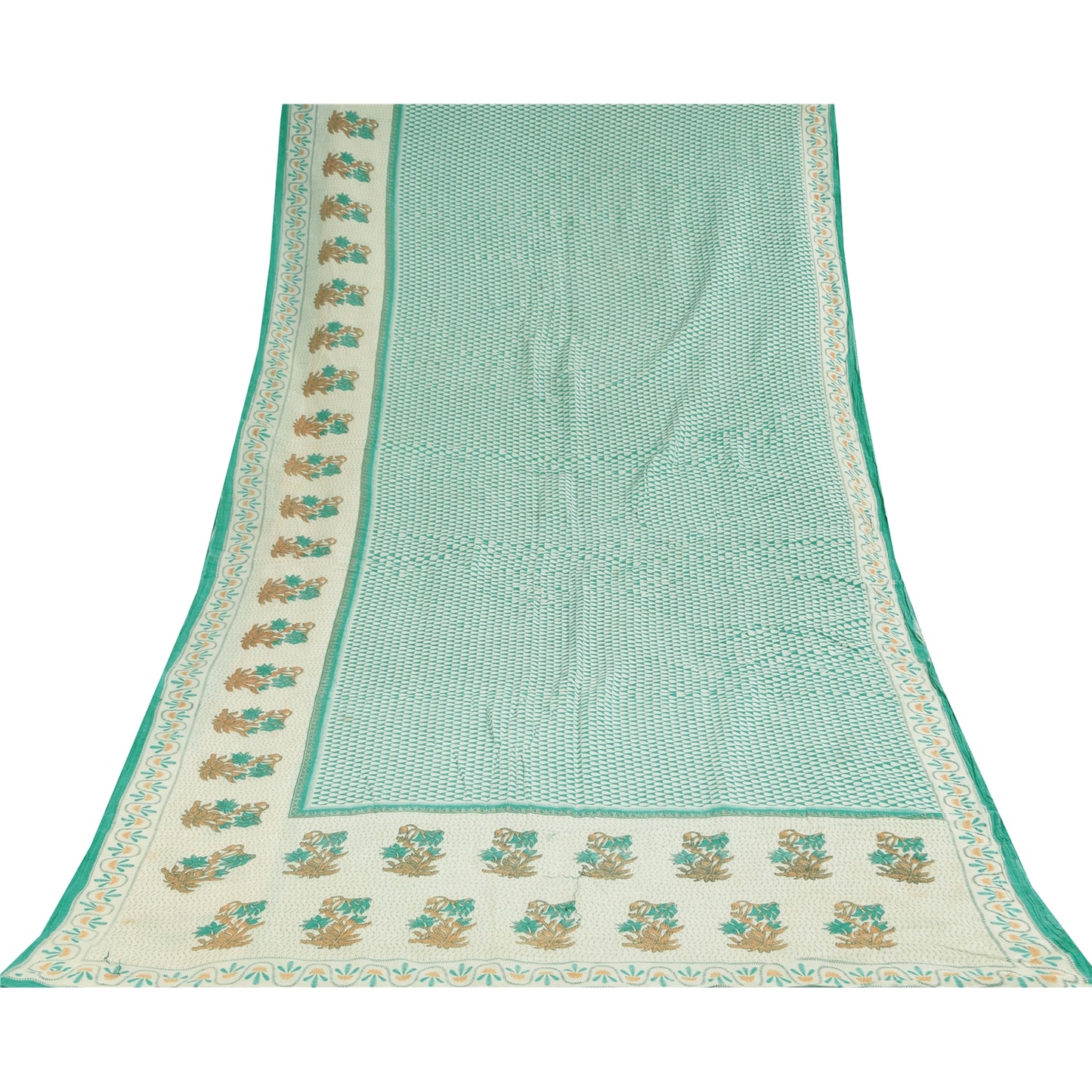 Sanskriti Vintage Sarees Ivory/Sea-Green Pure Cotton Printed Sari 5+yd Fabric