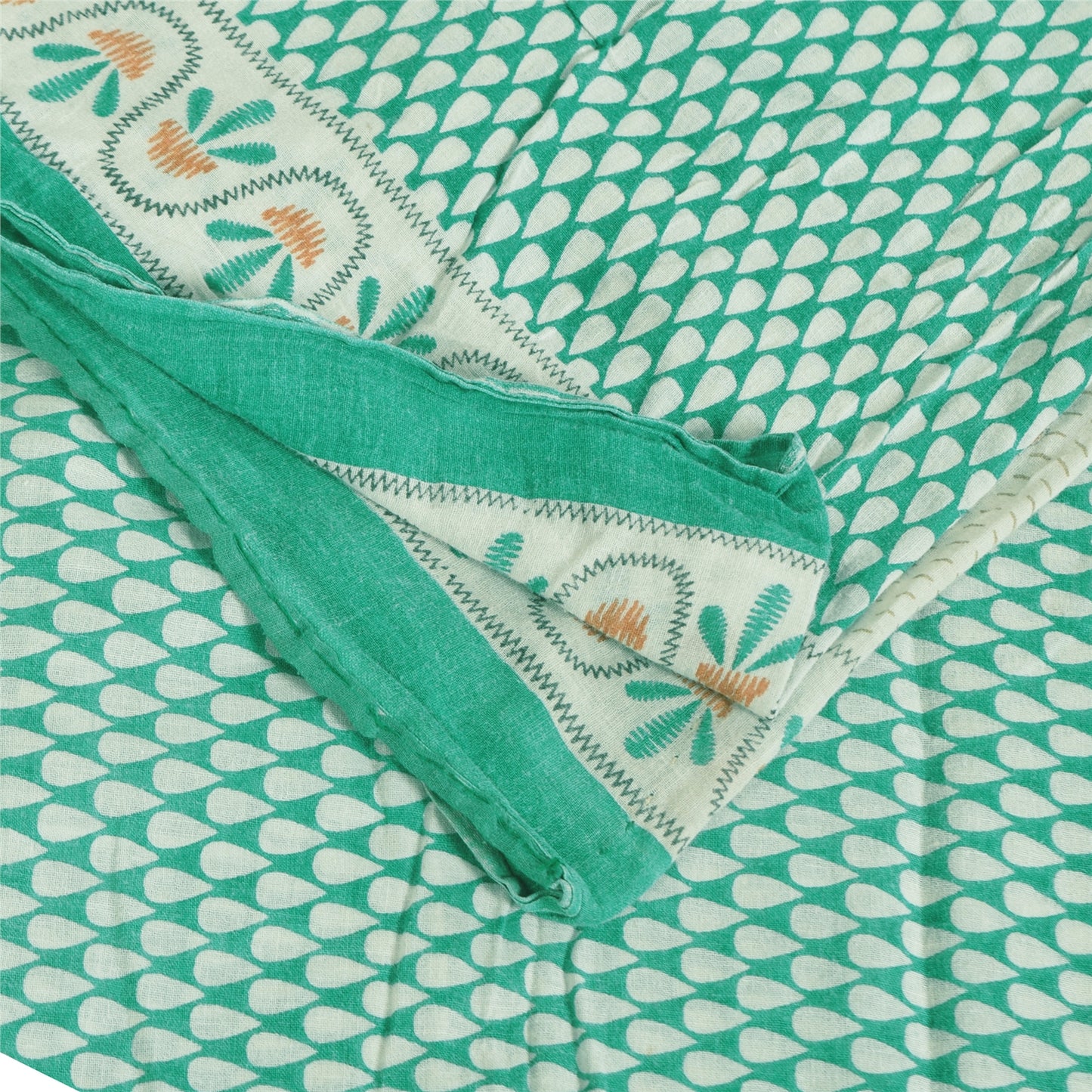 Sanskriti Vintage Sarees Ivory/Sea-Green Pure Cotton Printed Sari 5+yd Fabric