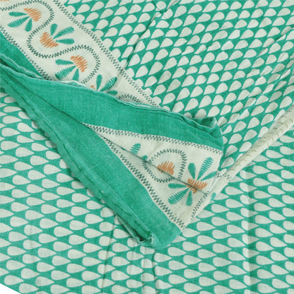 Sanskriti Vintage Sarees Ivory/Sea-Green Pure Cotton Printed Sari 5+yd Fabric