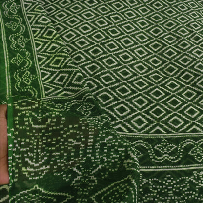 Sanskriti Vintage Sarees Green Ikat Printed Pure Cotton Sari 5+yd Craft Fabric