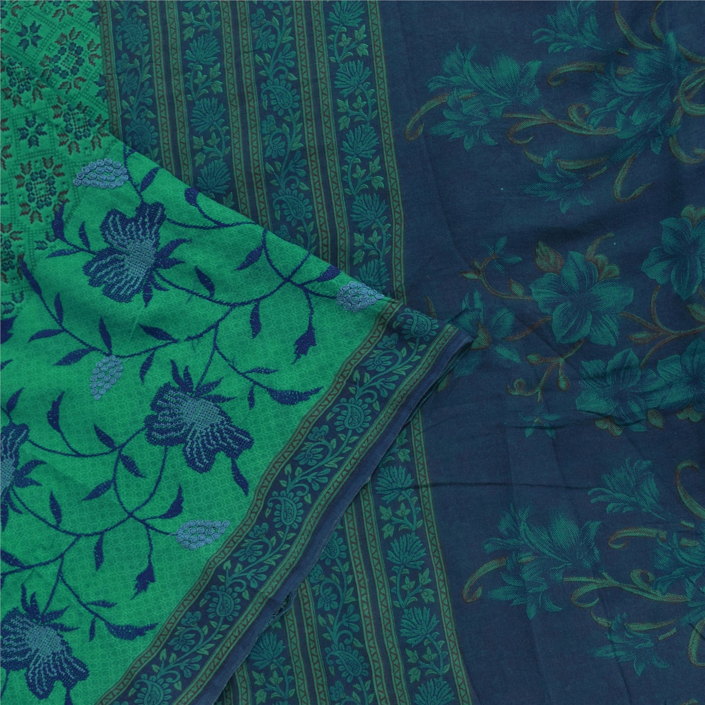 Sanskriti Vintage Sarees Green/Blue Pure Cotton Printed Sari 5+yd Craft Fabric